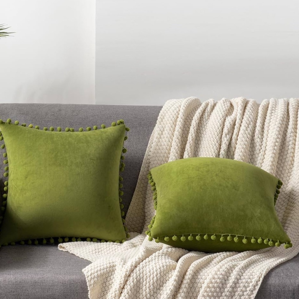 DEZENE Couch Pillow Cases 24x24 Chartreuse: 2 Pack  Soft Pom-Poms Velvet Square - Picture 5 of 9